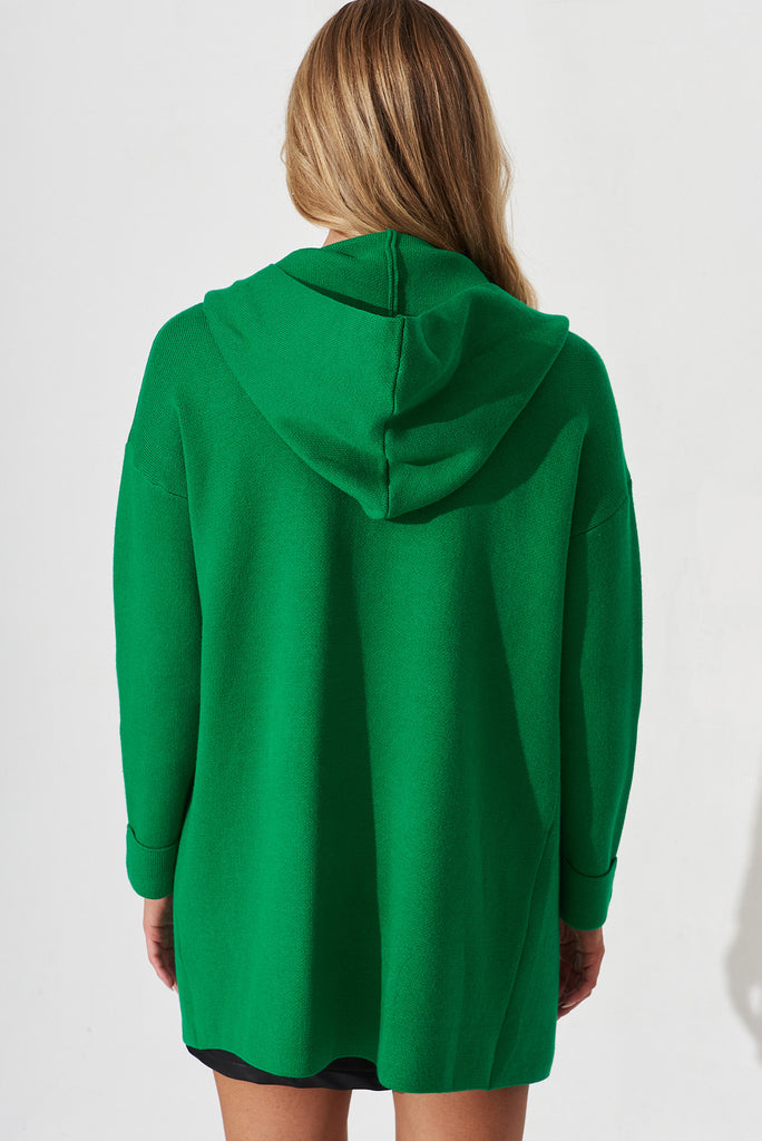 Leagrave Knit Hood Cardigan In Green Wool Blend - back