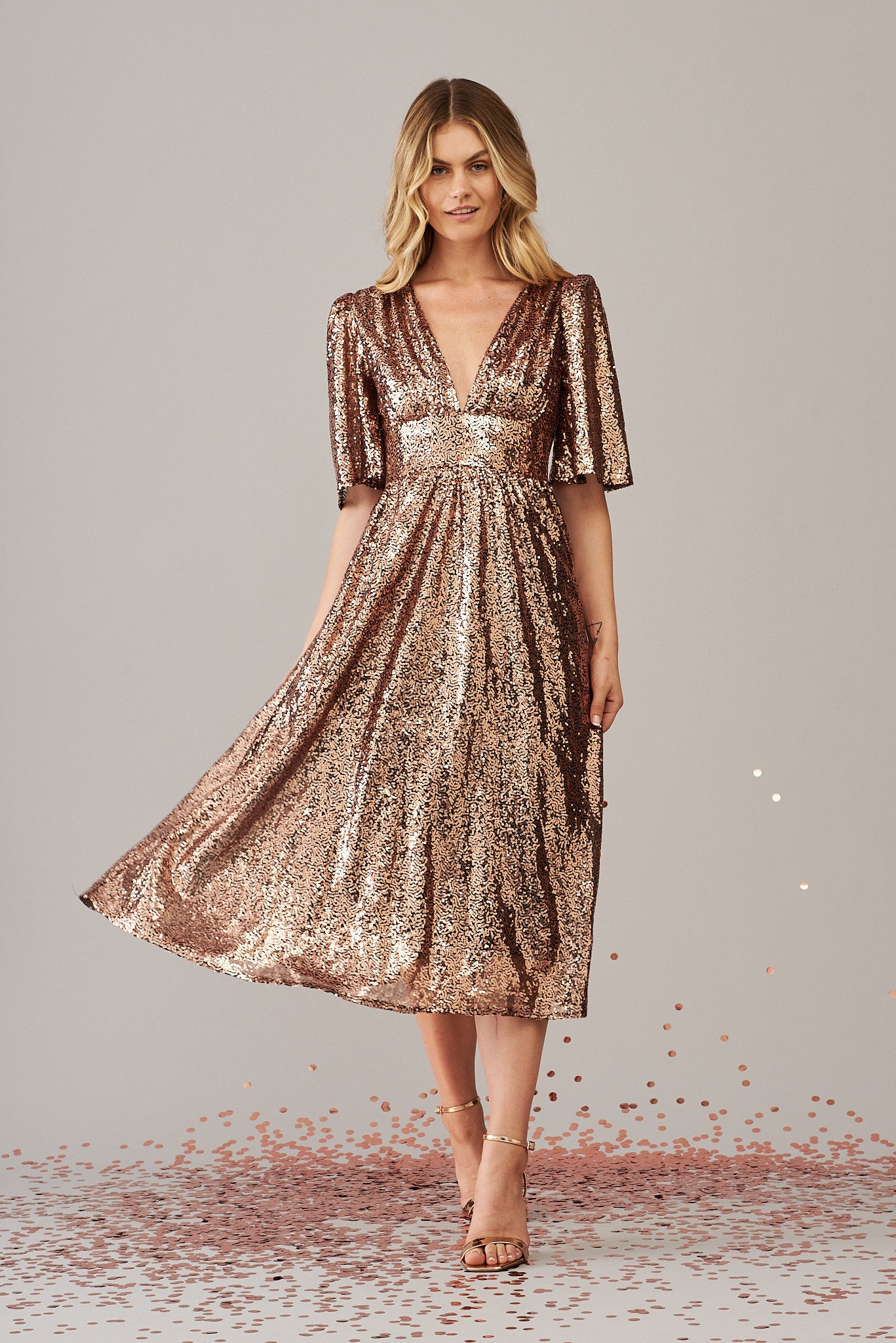Floor Length Rose Gold Sequin Wedding Guest Dress One Shoulder –  loveangeldress
