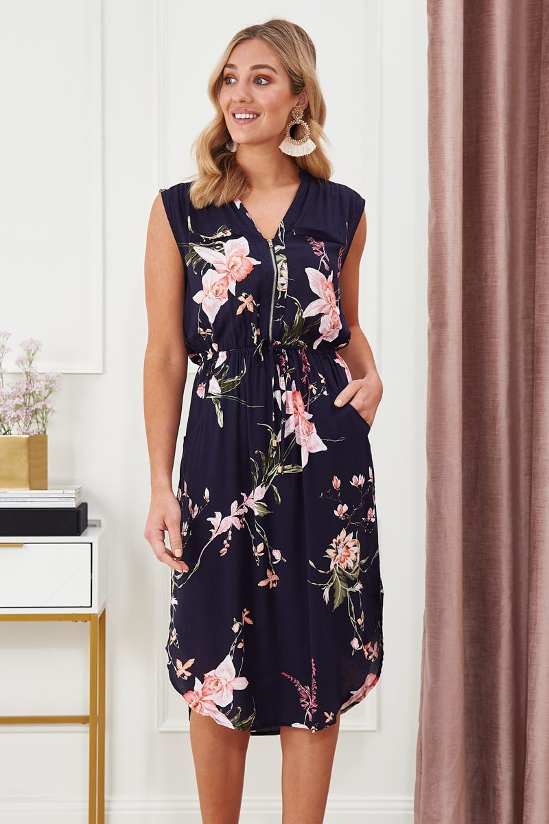 Apricot navy floral clearance dress